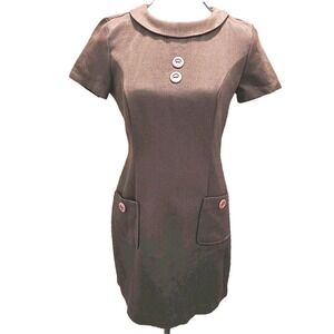 90s Vintage Wrapper Dress Womens 3/4 Brown Short Sleeve Peter Pan Collar Pockets